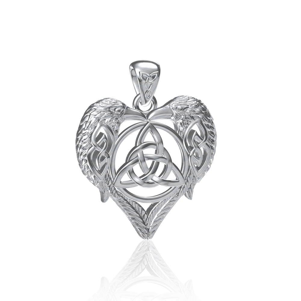 Ravens Crows with Celtic Triquetra in Heart Sterling Silver Pendant TPD5213