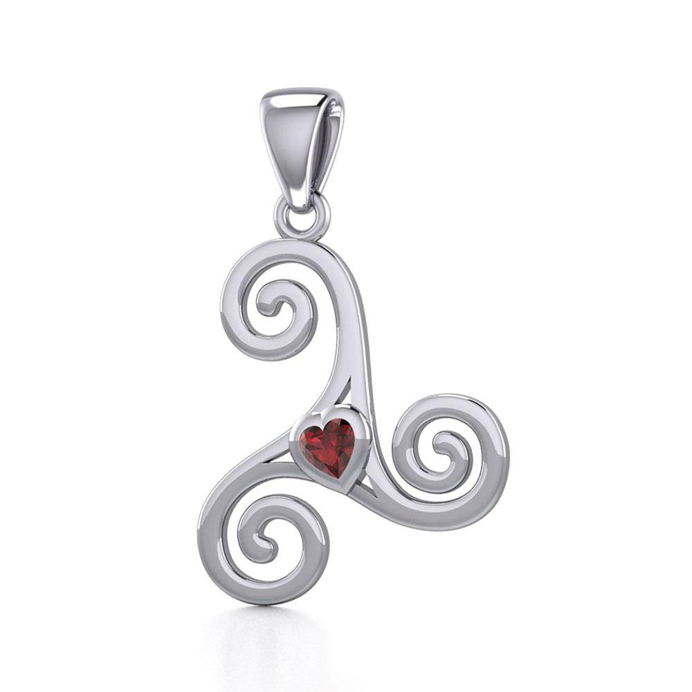 Celtic Spiral Triskele Silver Pendant with Heart Gemstone TPD5335
