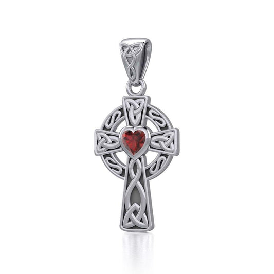 Celtic Cross Sterling Silver Pendant with Heart Gemstone TPD5337