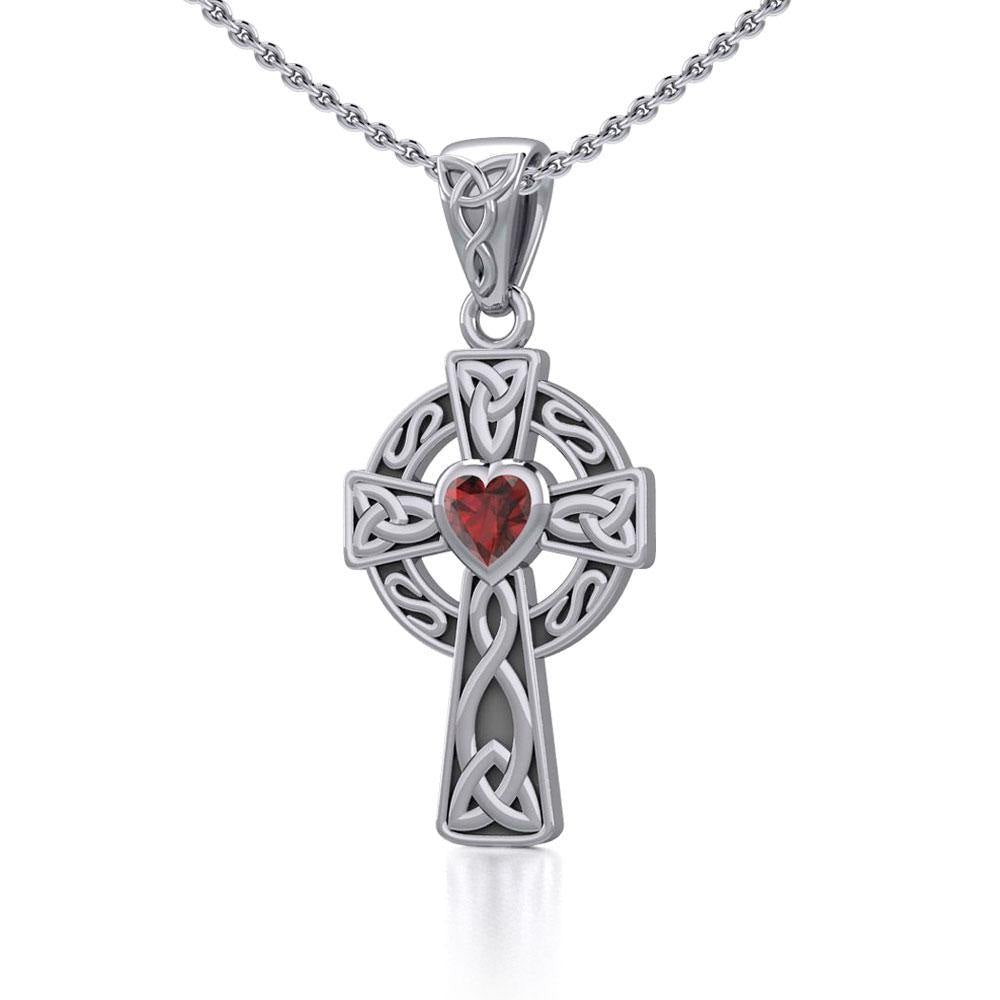 Celtic Cross Sterling Silver Pendant with Heart Gemstone TPD5337