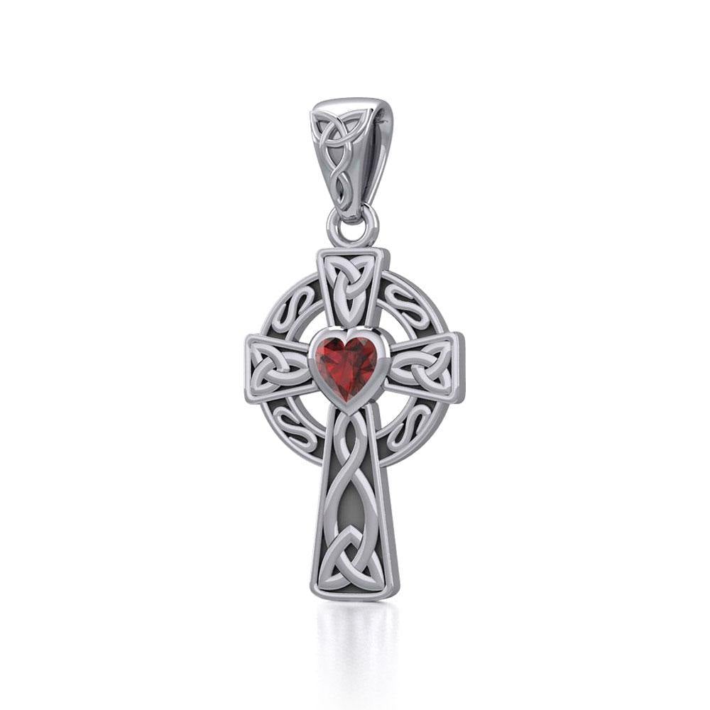 Celtic Cross Sterling Silver Pendant with Heart Gemstone TPD5337