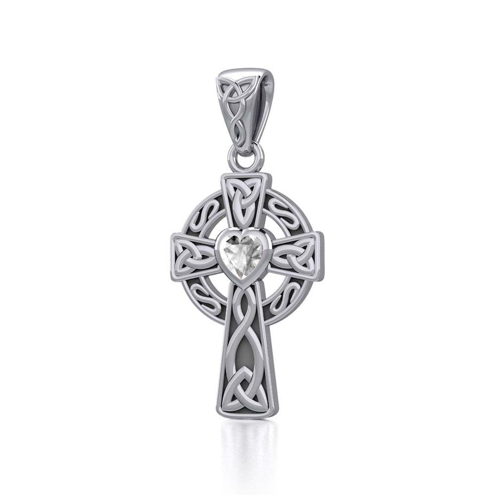 Celtic Cross Sterling Silver Pendant with Heart Gemstone TPD5337