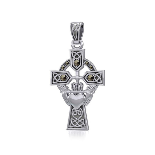Celtic Cross and Irish Claddagh Silver Pendant with Marcasite TPD5341