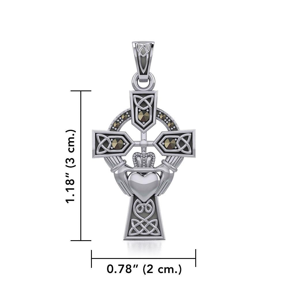 Celtic Cross and Irish Claddagh Silver Pendant with Marcasite TPD5341