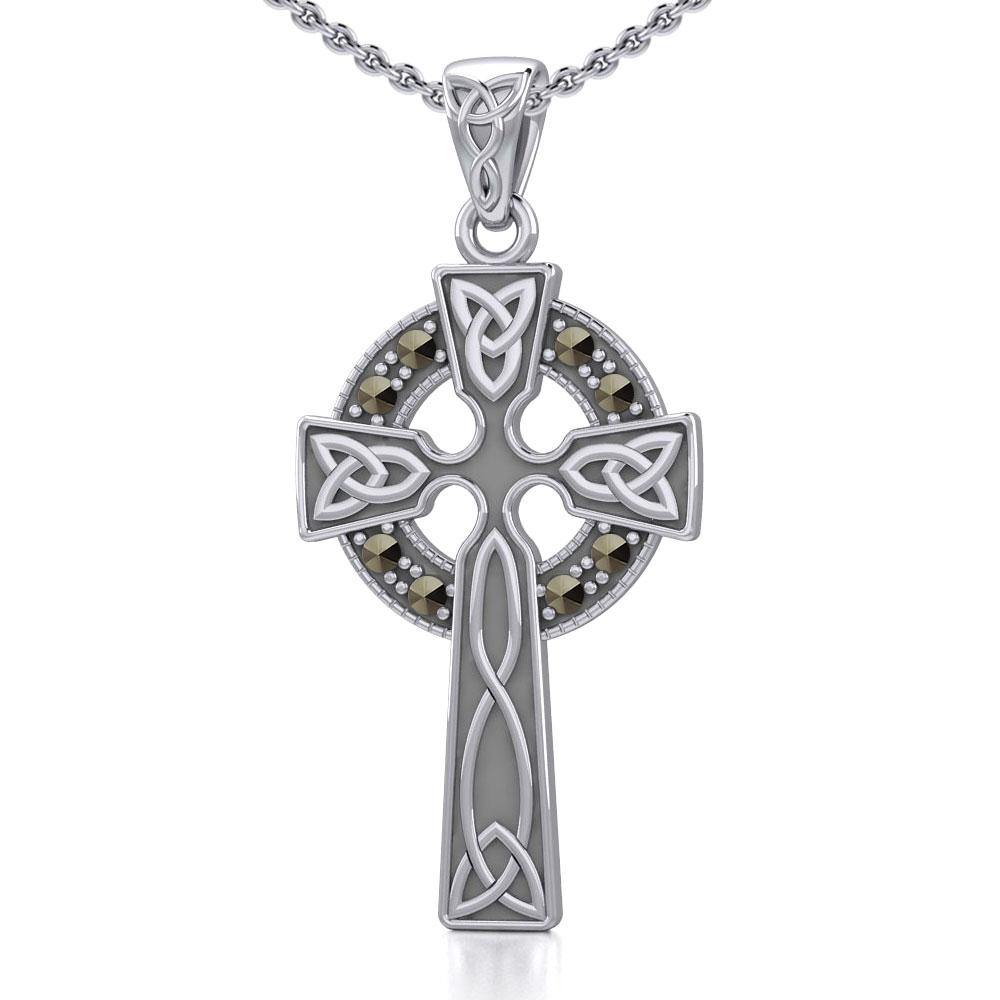 Celtic Cross Sterling Silver Pendant with Marcasite TPD5346