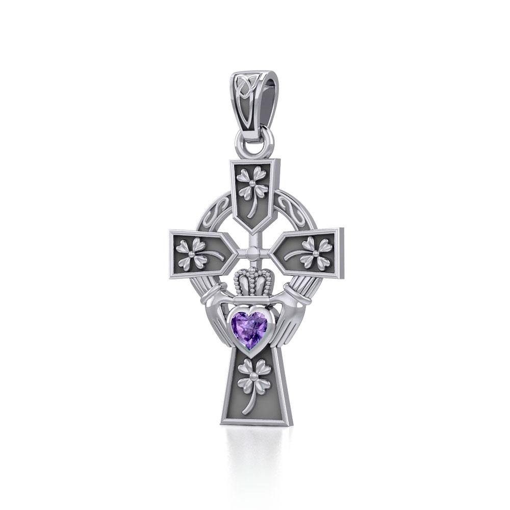 Claddagh Celtic Cross with Lucky Four Leaf Clover Silver Pendant TPD5359