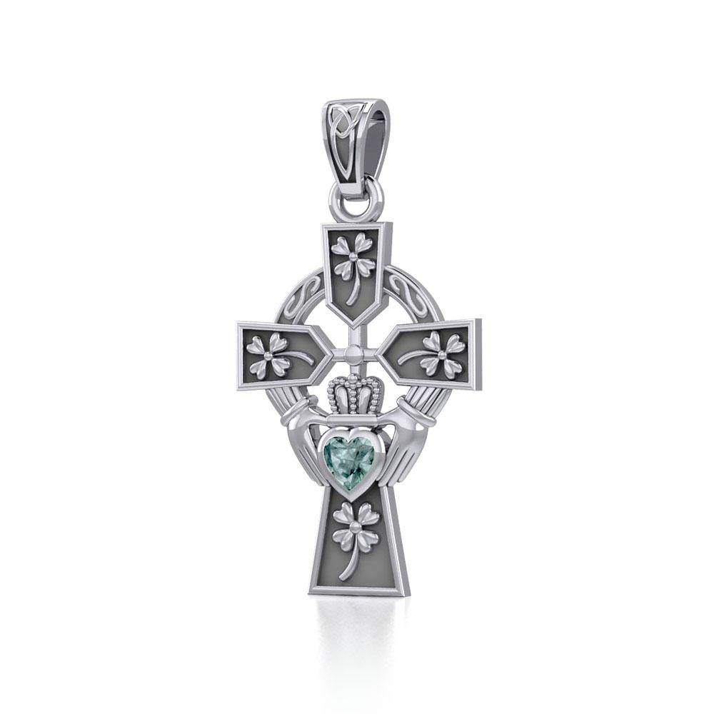 Claddagh Celtic Cross with Lucky Four Leaf Clover Silver Pendant TPD5359
