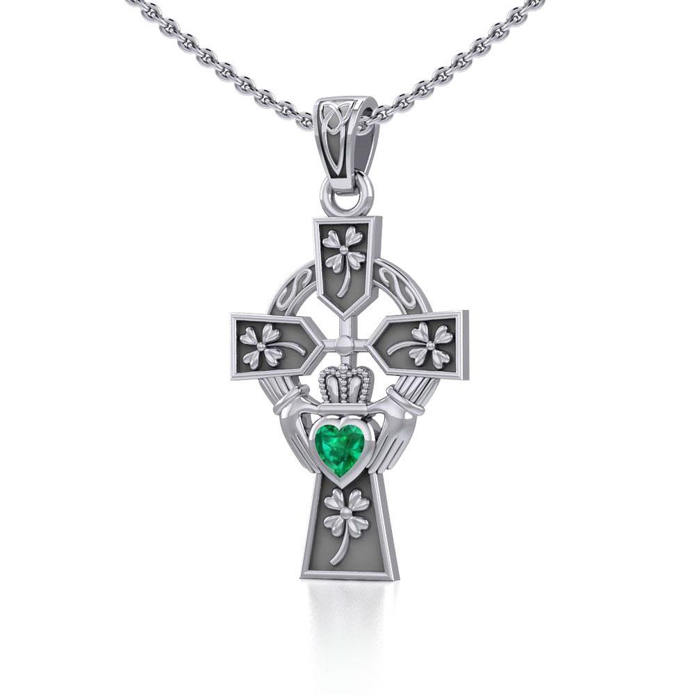 Claddagh Celtic Cross with Lucky Four Leaf Clover Silver Pendant TPD5359
