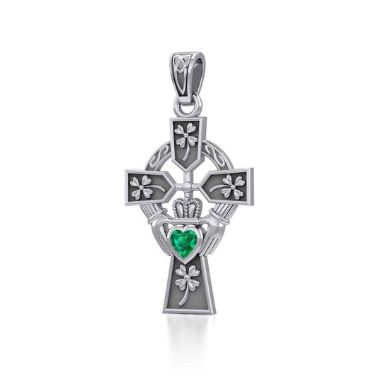Claddagh Celtic Cross with Lucky Four Leaf Clover Silver Pendant TPD5359