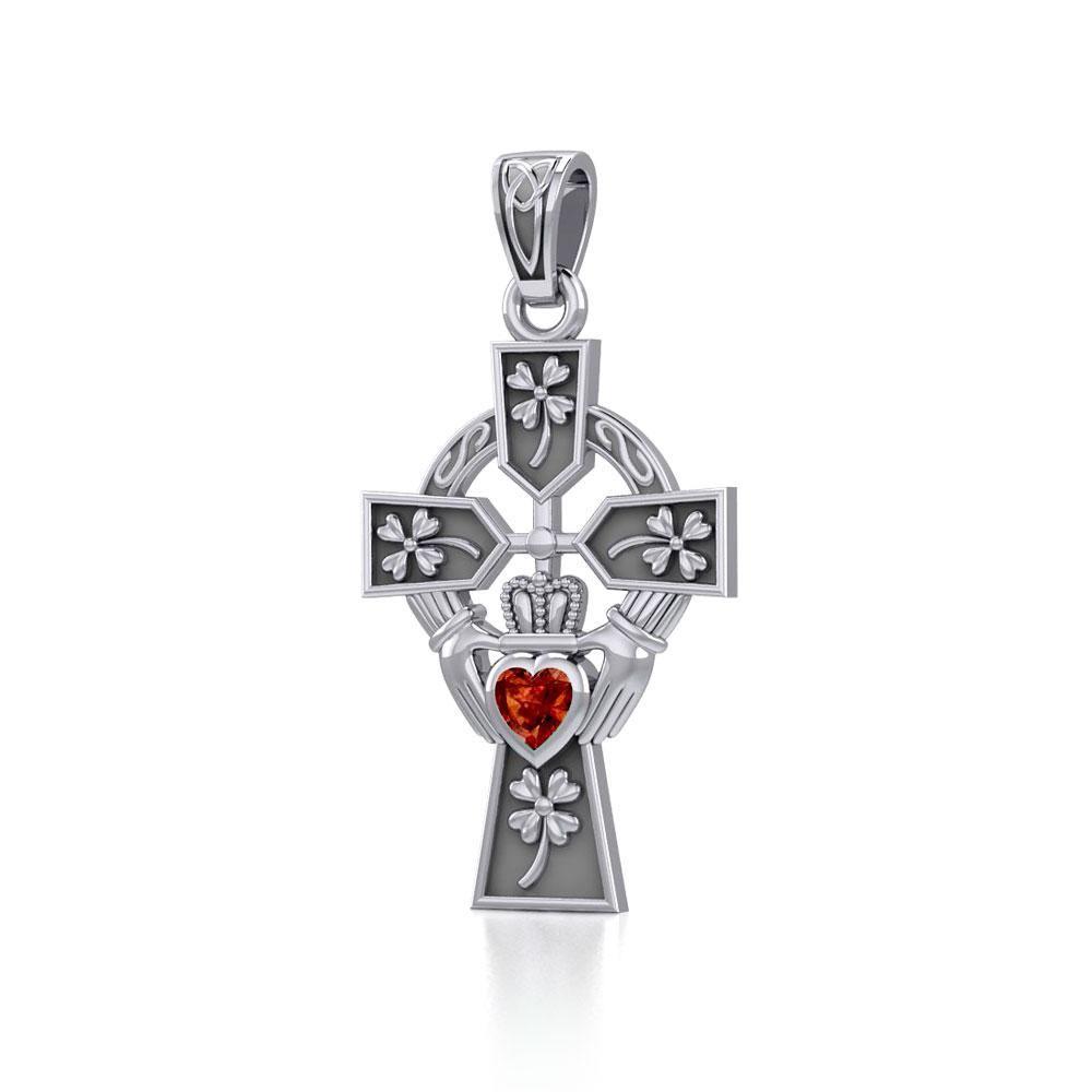 Claddagh Celtic Cross with Lucky Four Leaf Clover Silver Pendant TPD5359