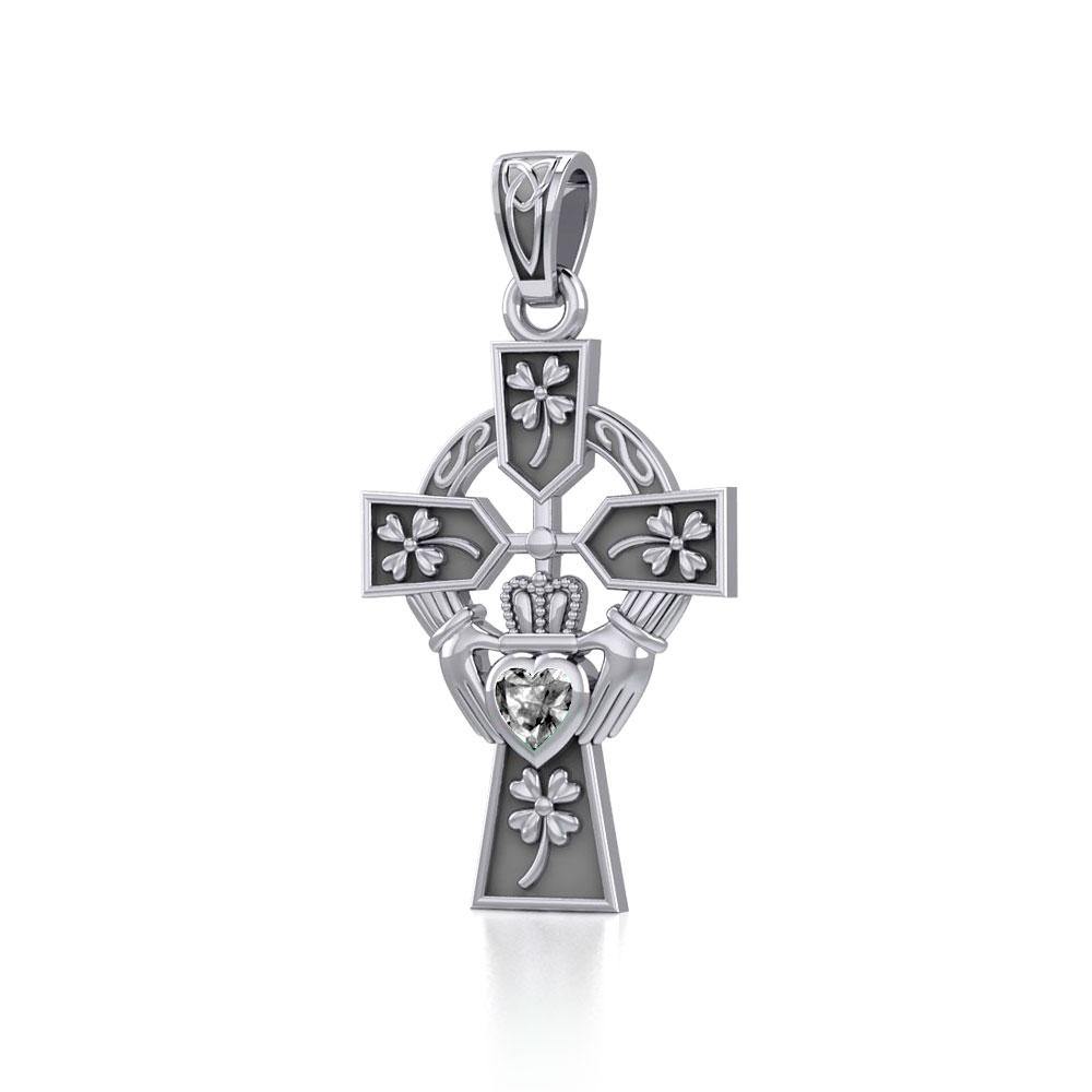 Claddagh Celtic Cross with Lucky Four Leaf Clover Silver Pendant TPD5359