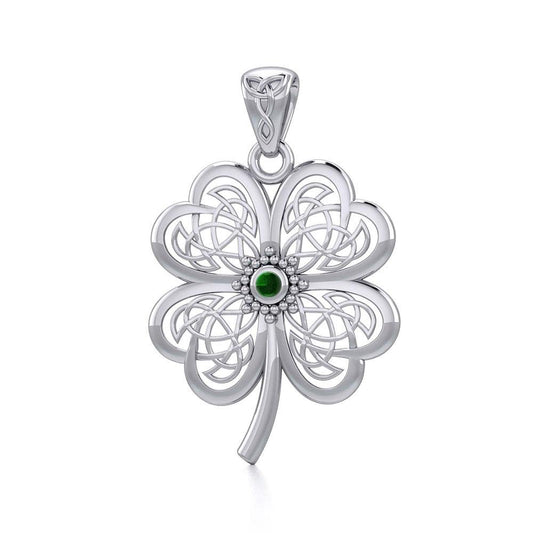 Lucky Celtic Four Leaf Clover Silver Pendant with Gemstone TPD5373