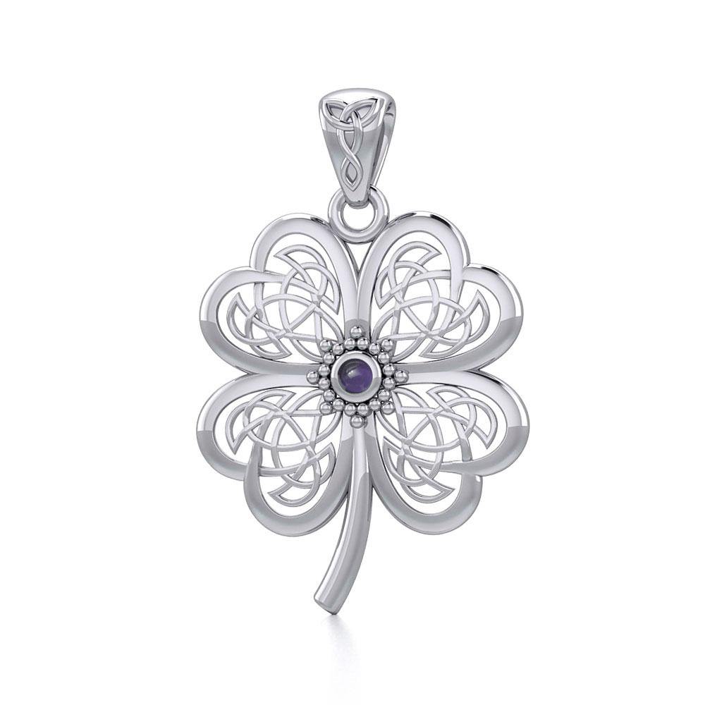 Lucky Celtic Four Leaf Clover Silver Pendant with Gemstone TPD5373