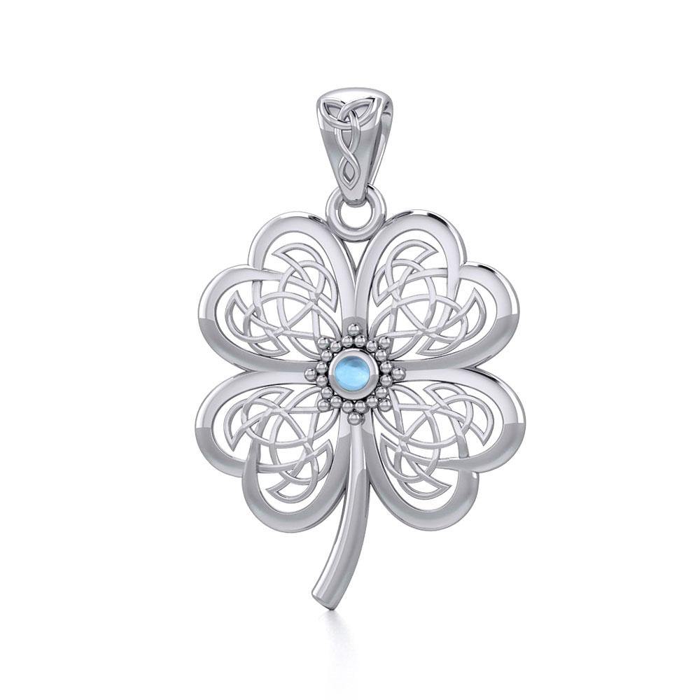 Lucky Celtic Four Leaf Clover Silver Pendant with Gemstone TPD5373