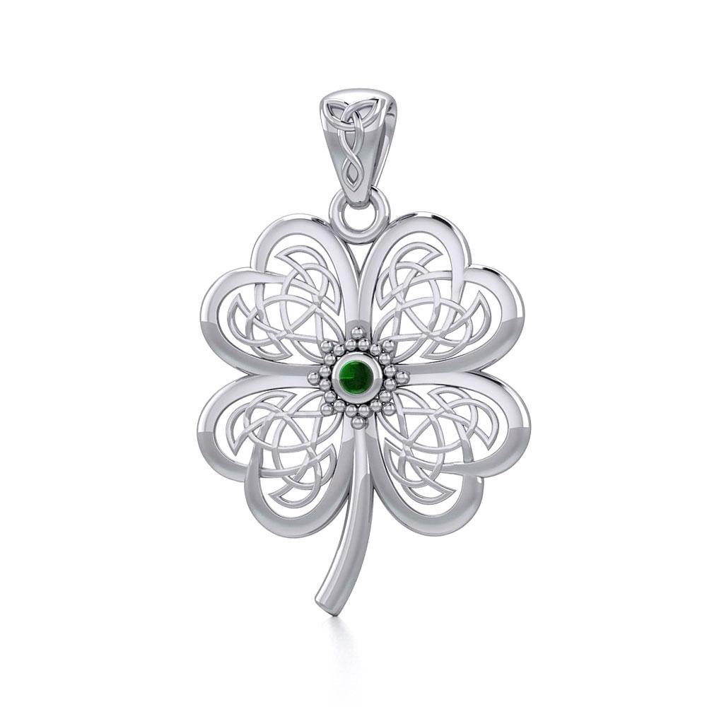 Lucky Celtic Four Leaf Clover Silver Pendant with Gemstone TPD5373