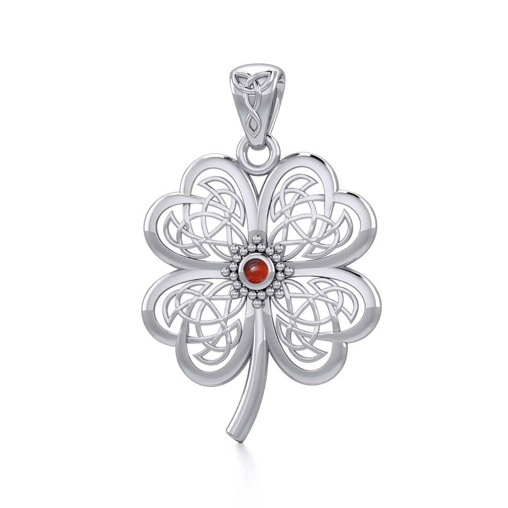 Lucky Celtic Four Leaf Clover Silver Pendant with Gemstone TPD5373