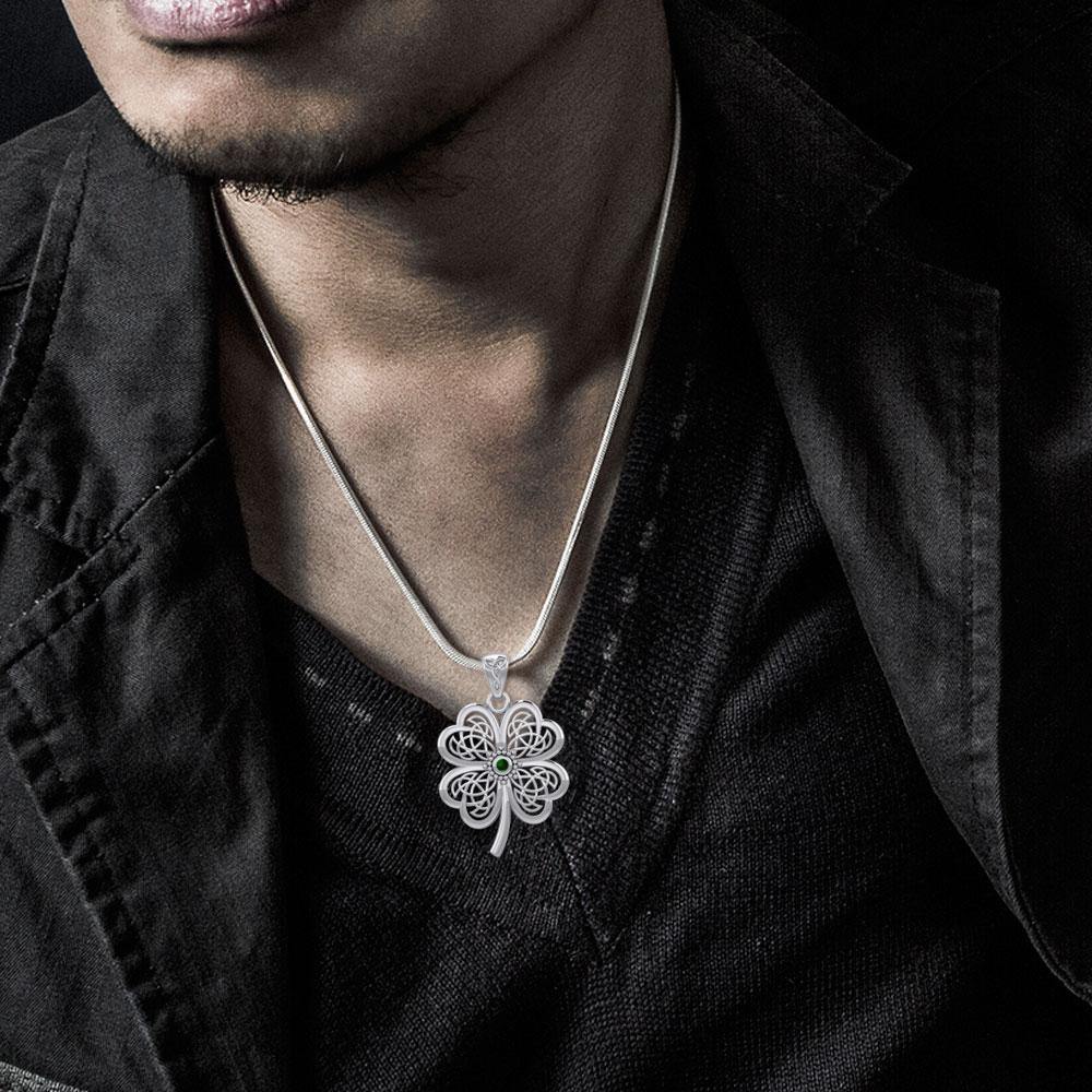 Lucky Celtic Four Leaf Clover Silver Pendant with Gemstone TPD5373