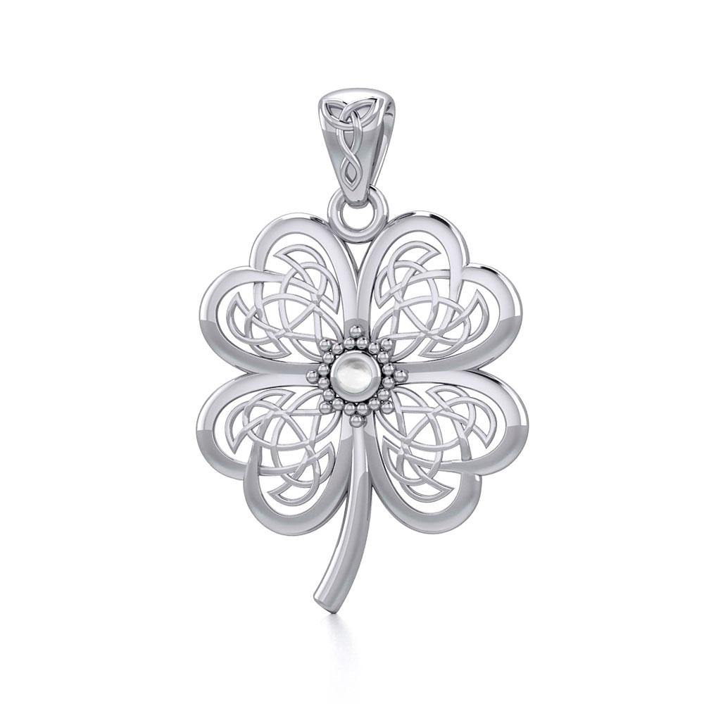 Lucky Celtic Four Leaf Clover Silver Pendant with Gemstone TPD5373