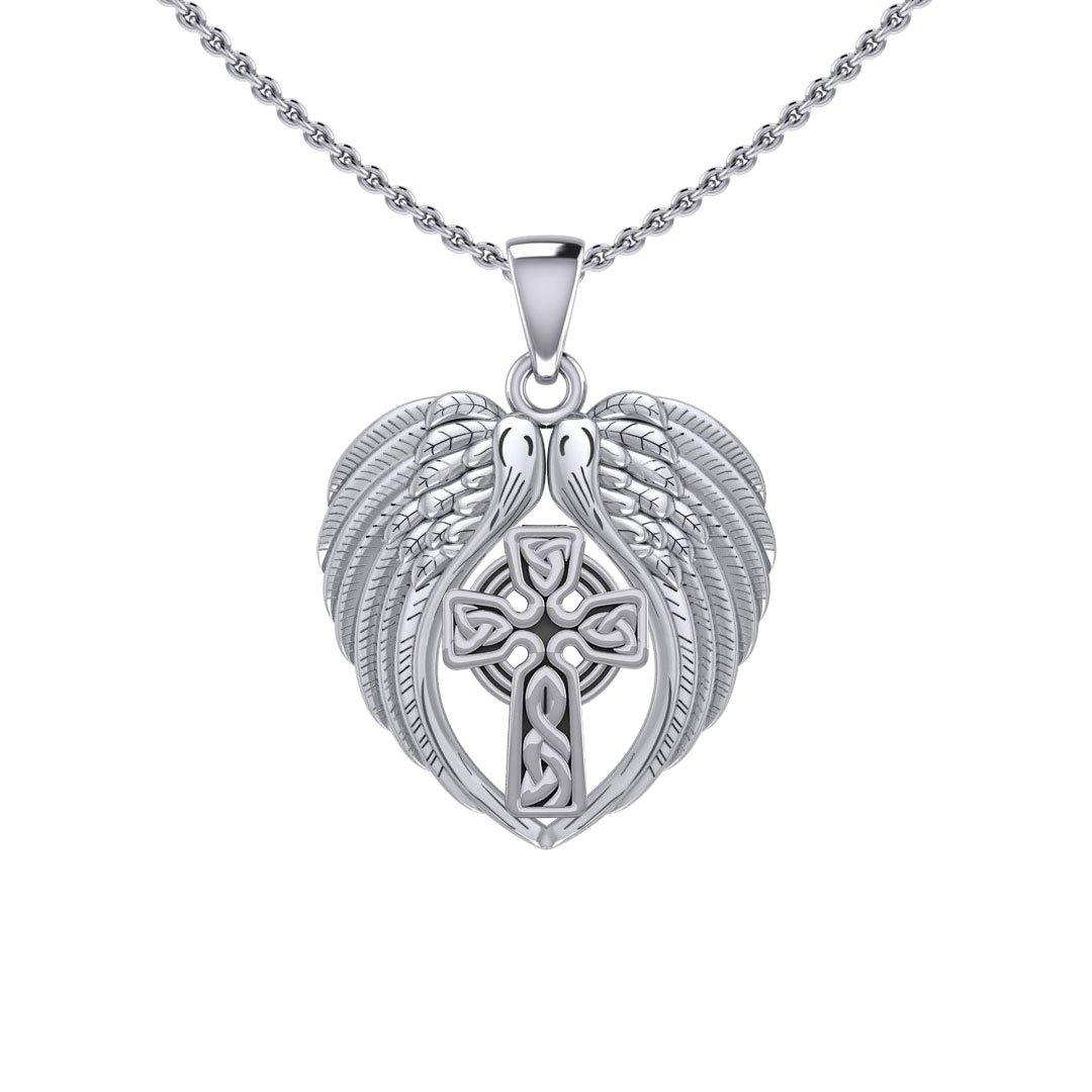 Feel the Tranquil in Angels Wings Silver Pendant with Celtic Cross TPD5480