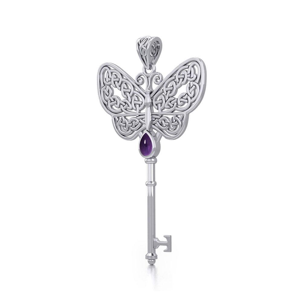 Celtic Butterfly Spiritual Enchantment Key Silver Pendant with Gem TPD5686