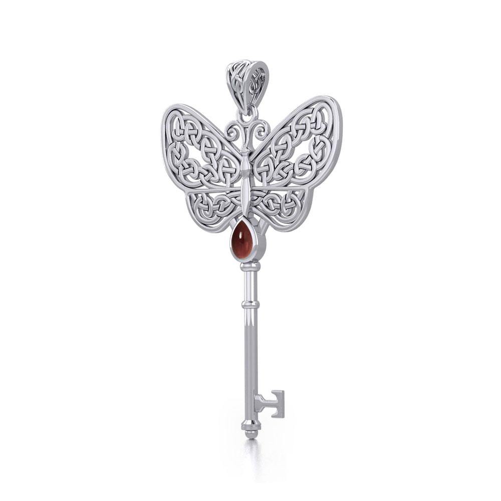 Celtic Butterfly Spiritual Enchantment Key Silver Pendant with Gem TPD5686