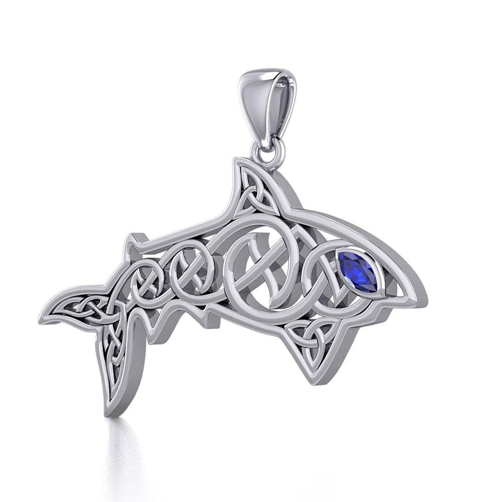 Celtic Knotwork Shark Silver Pendant with Gemstone TPD5706