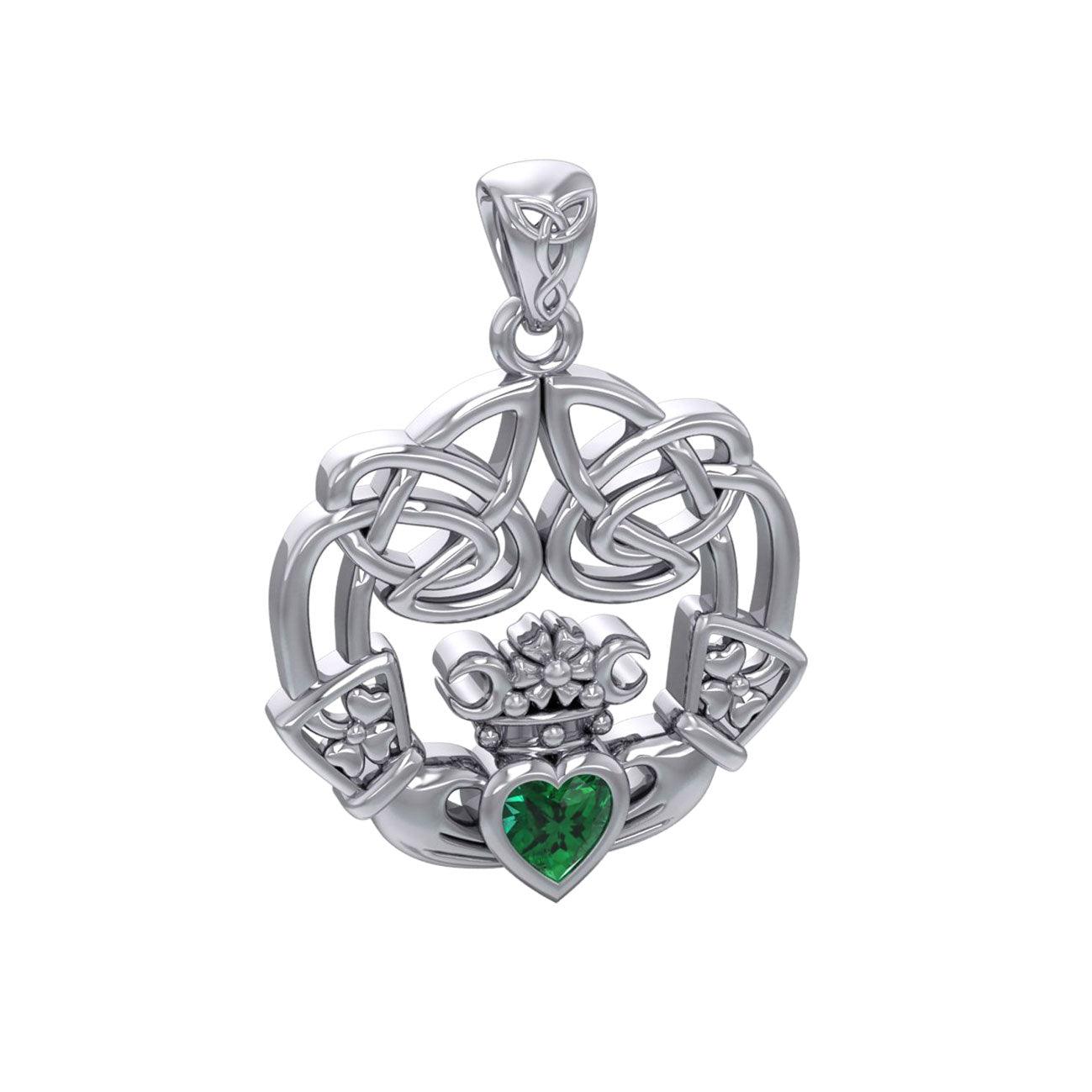 Irish Celtic Claddagh Silver Pendant with Gemstone TPD5905