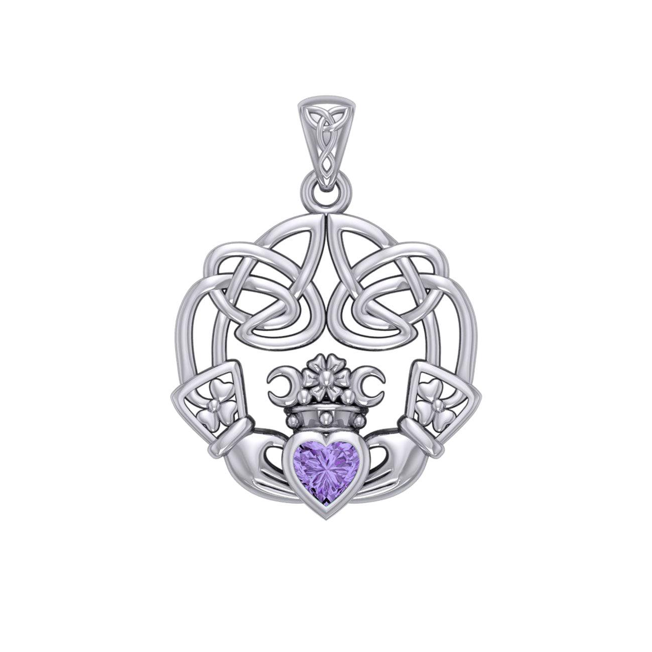 Irish Celtic Claddagh Silver Pendant with Gemstone TPD5905