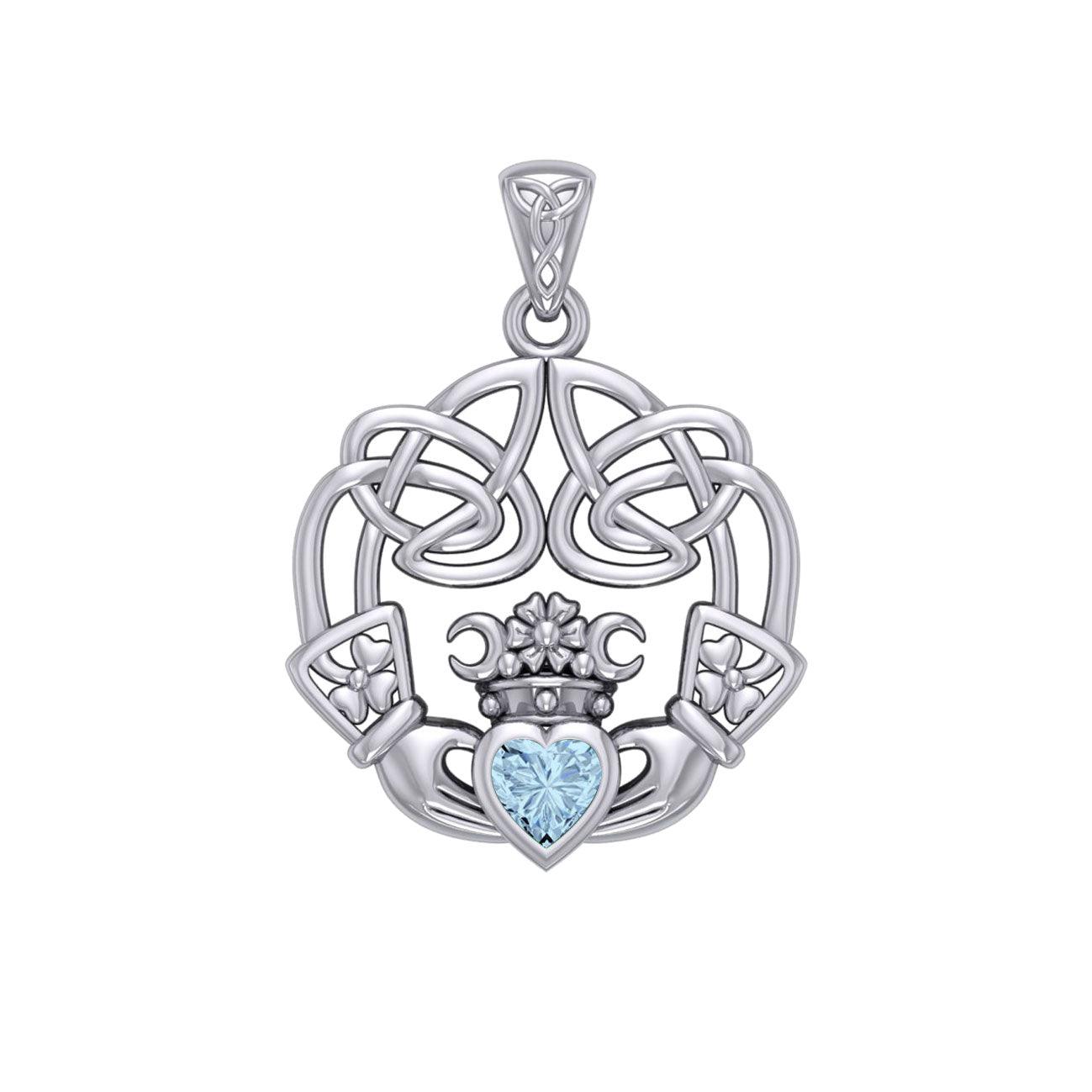 Irish Celtic Claddagh Silver Pendant with Gemstone TPD5905