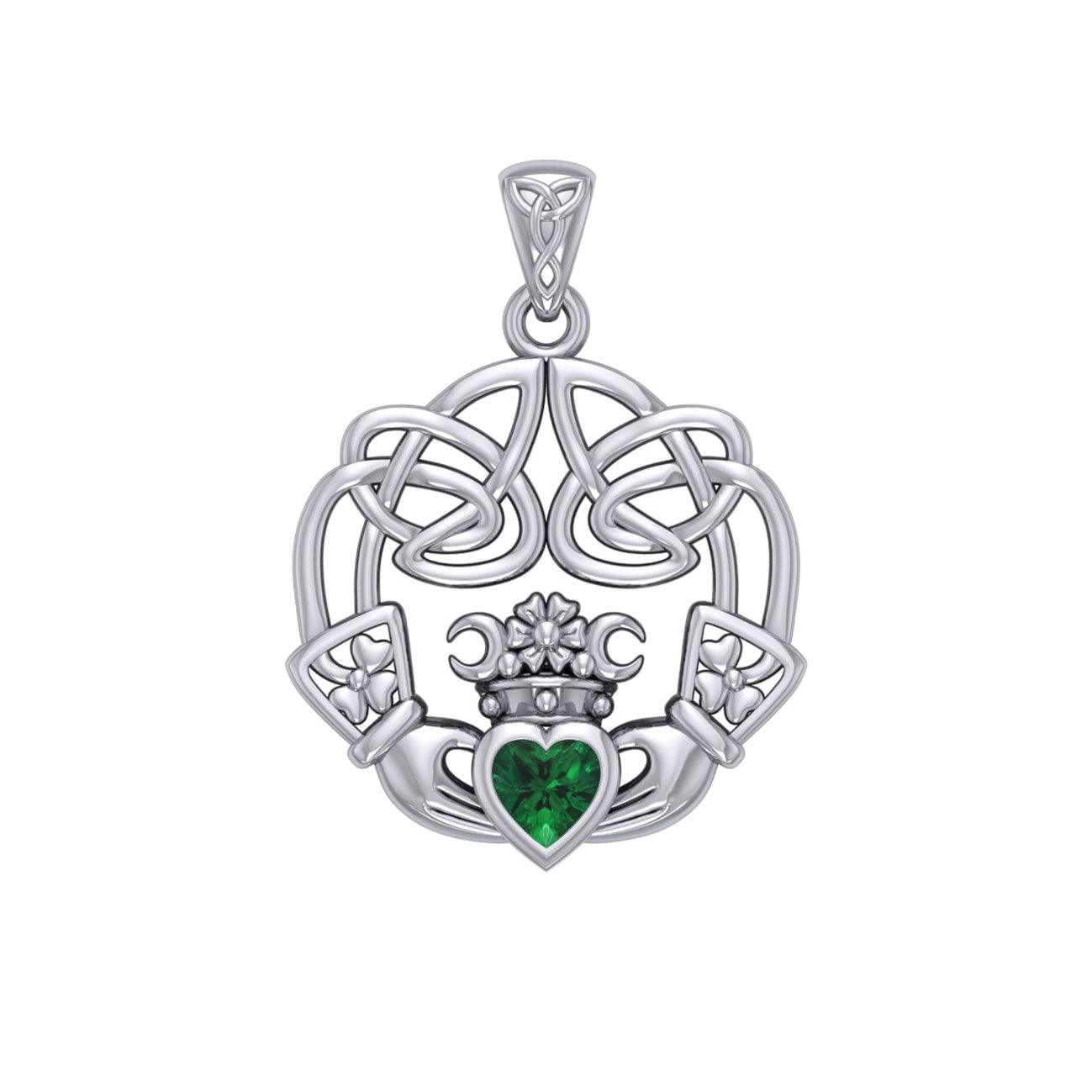 Irish Celtic Claddagh Silver Pendant with Gemstone TPD5905