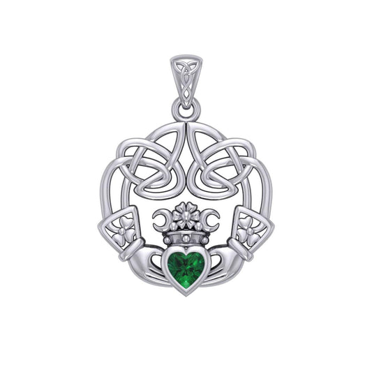 Irish Celtic Claddagh Silver Pendant with Gemstone TPD5905