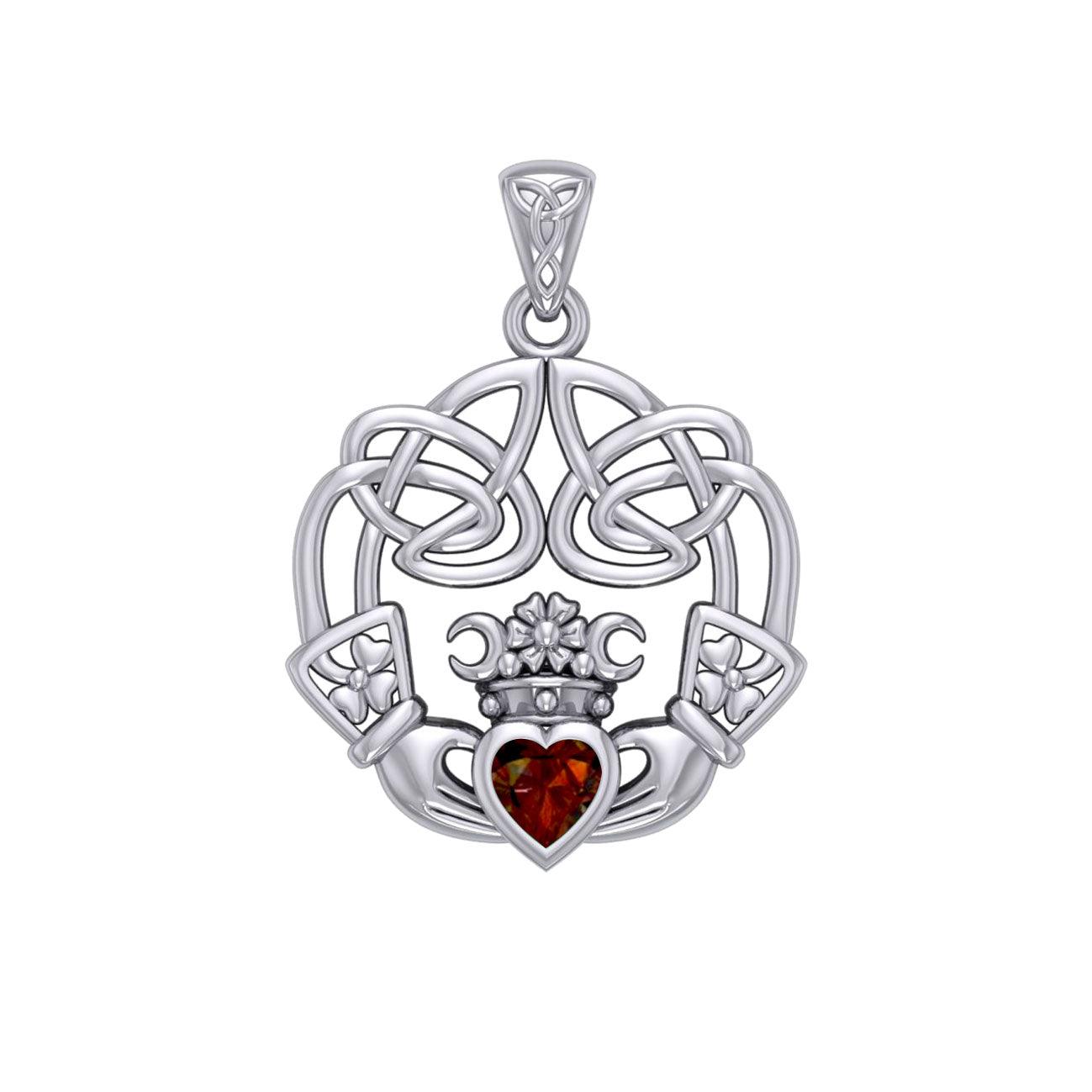 Irish Celtic Claddagh Silver Pendant with Gemstone TPD5905
