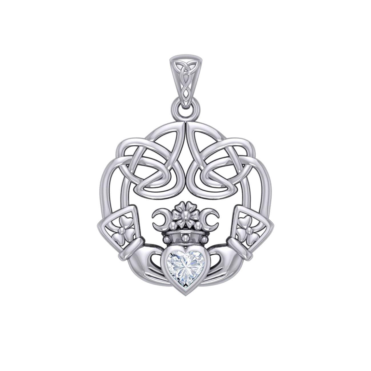 Irish Celtic Claddagh Silver Pendant with Gemstone TPD5905