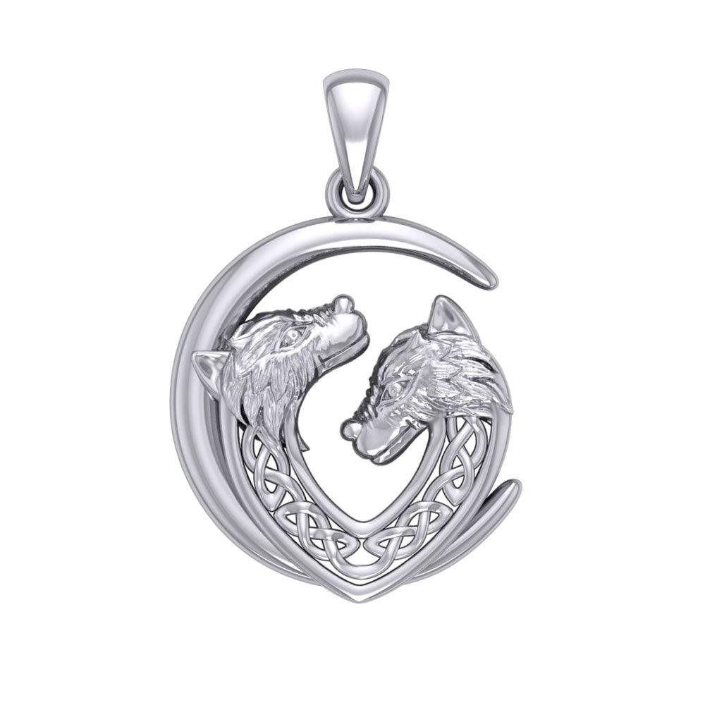 Double Celtic Wolves with Crescent Moon Silver Pendant TPD6042