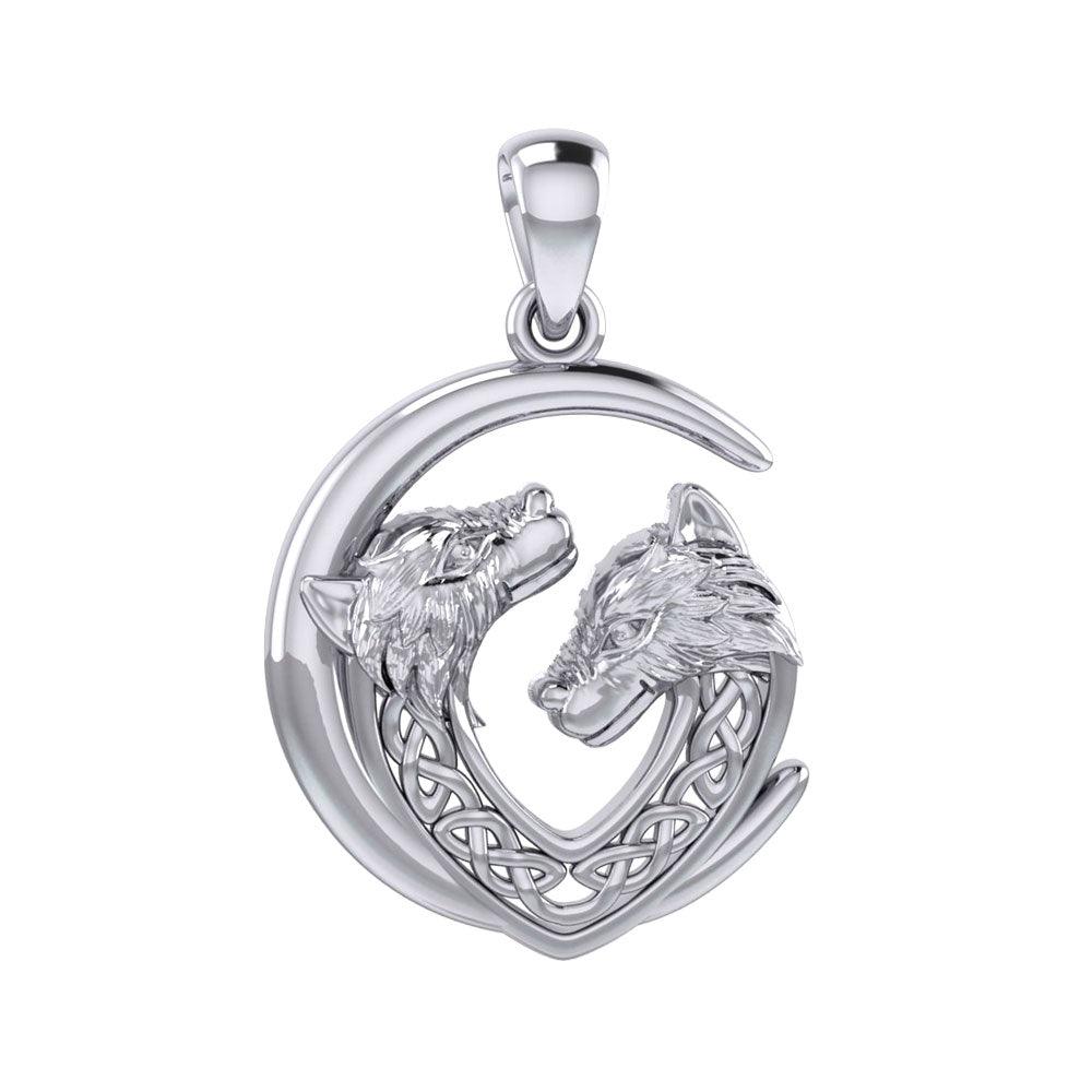 Double Celtic Wolves with Crescent Moon Silver Pendant TPD6042