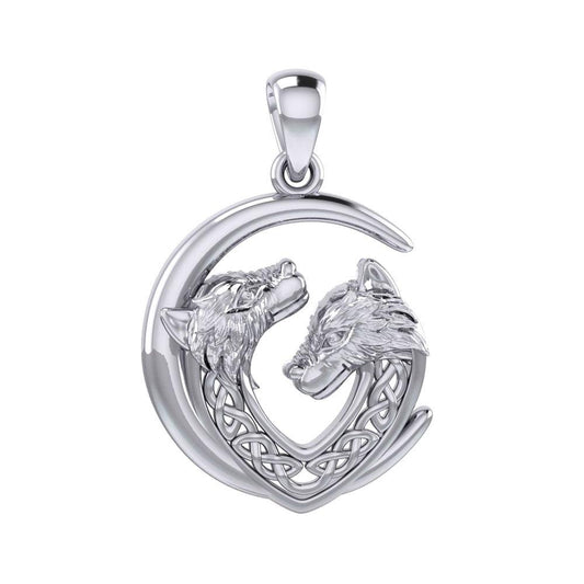 Double Celtic Wolves with Crescent Moon Silver Pendant TPD6042
