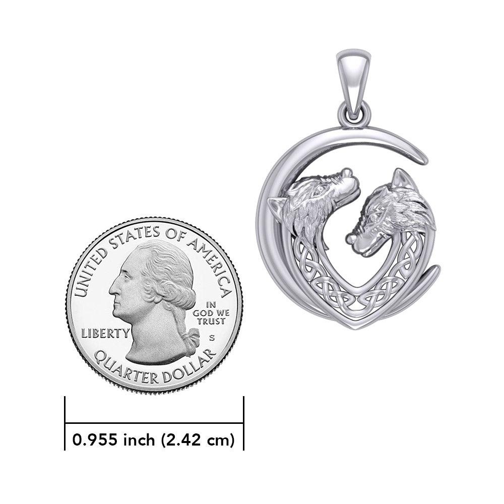 Double Celtic Wolves with Crescent Moon Silver Pendant TPD6042