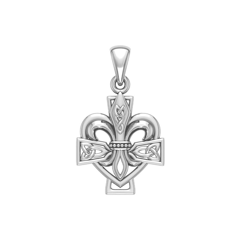 A powerful combination of Celtic elements ~ Sterling Silver Jewelry Pendant in Fleur-de-Lis and Celtic Cross TPD6068