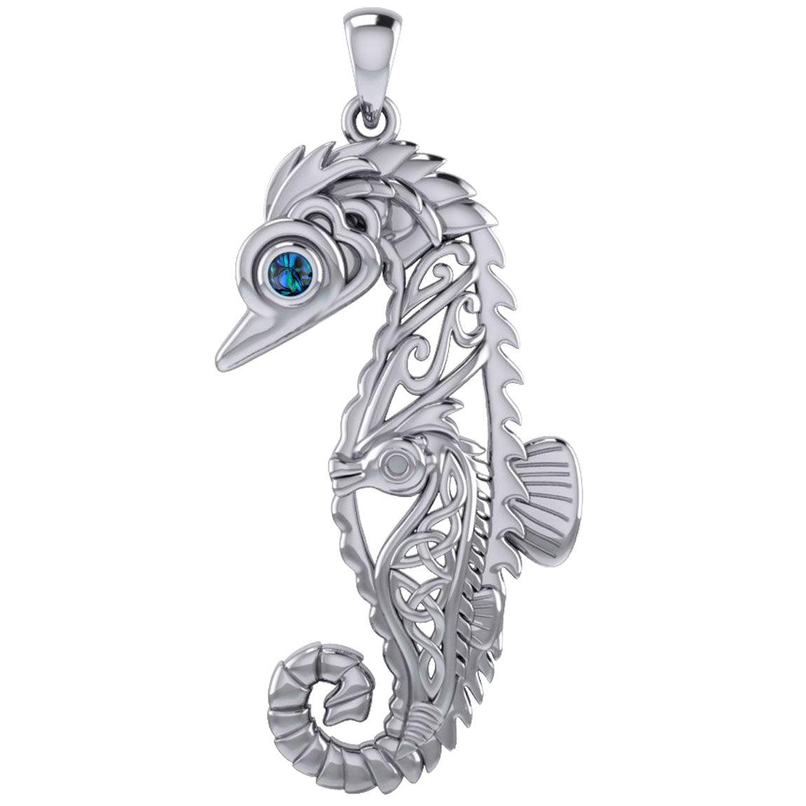 Large Seahorse Silver Pendant with Small Celtic Seahorse inside TPD6121