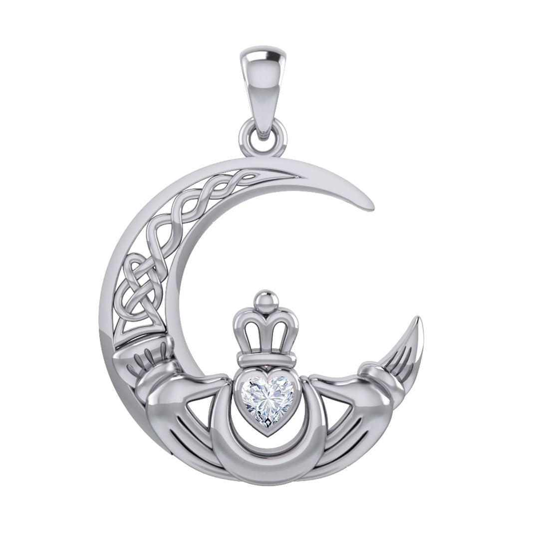 Claddagh on Celtic Moon Silver Pendant with Heart Gemstone TPD6125