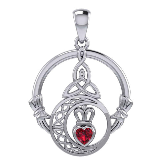 Claddagh and Celtic Crescent Moon with Heart Gemstone Silver Pendant TPD6130