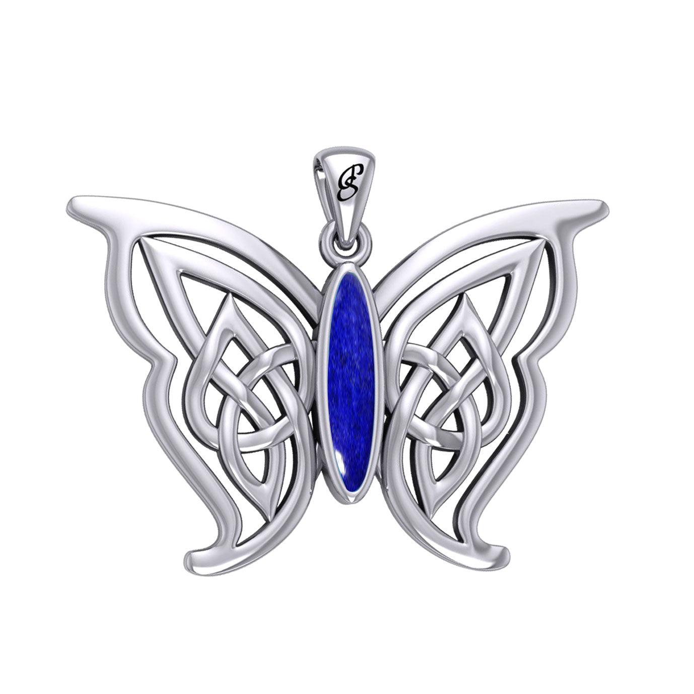 Soar Sterling Silver Joyful Celtic Butterfly  with Inlaid Stone Silver Pendant - TPD6202 by Peter Stone