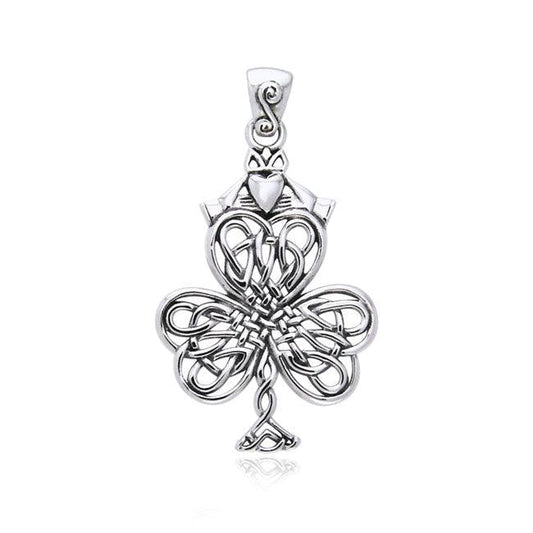 Celtic Knotwork Shamrock & Irish Claddagh Silver Pendant TPD957