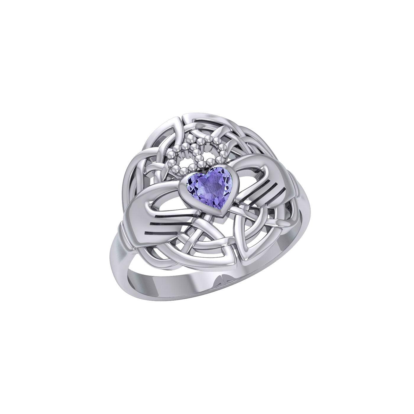Celtic Claddagh Knotwork Sterling Silver Ring with Gemstone TR1876