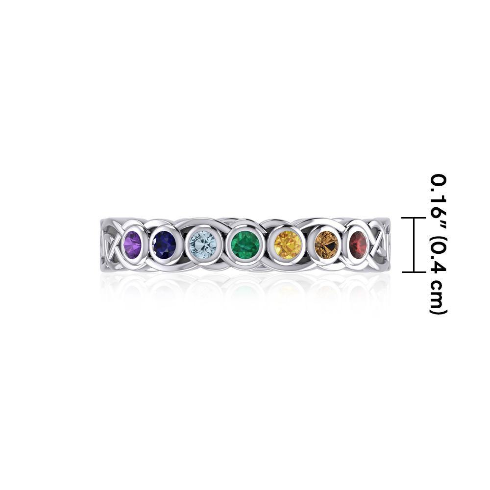 Celtic Knot Silver Band Ring with Chakra Gemstones TRI1919