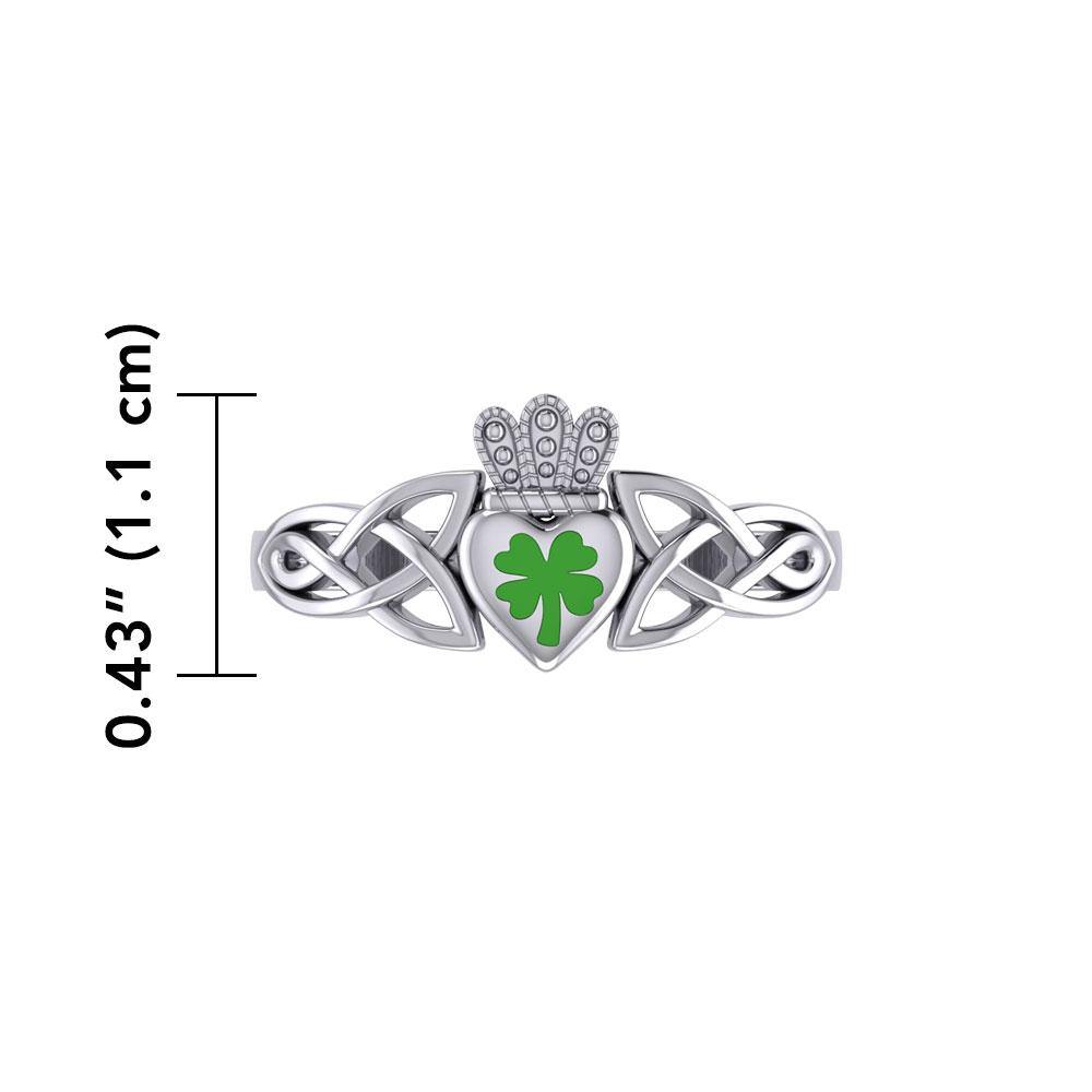 Celtic Claddagh with Lucky Four Leaf Clover Silver Ring with Enamel TRI1937