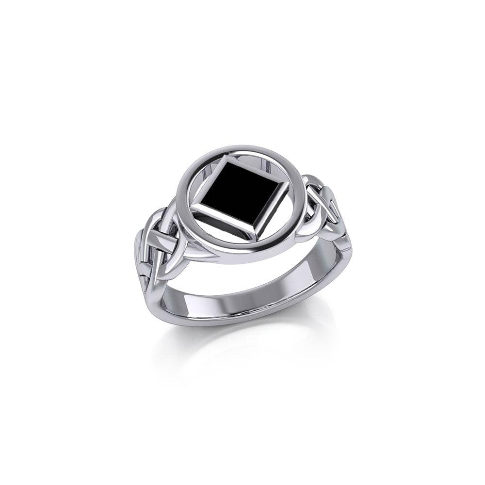 The Small Celtic Silver Ring with the NA Recovery Symbol Inlay Stone TRI2440