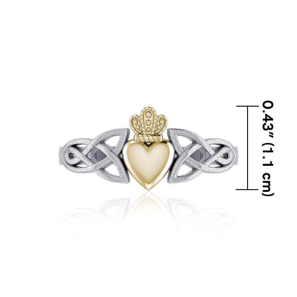 Celtic Knot Claddagh Silver with 14K Gold Accent & Sand brush Ring TRV1743-S