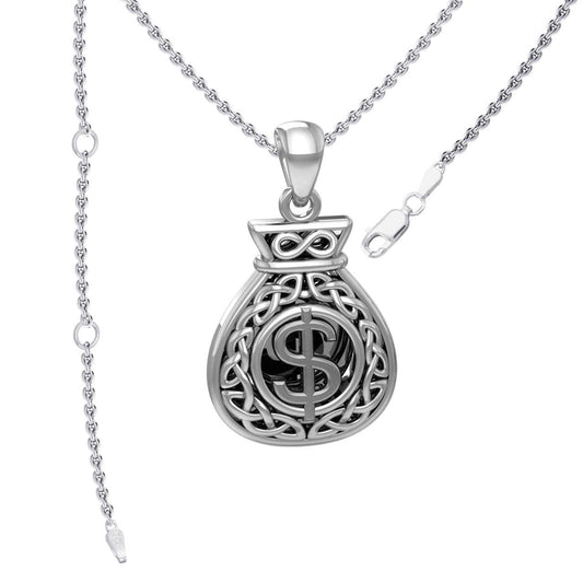 Celtic Infinity Money Bag with Wealth and Prosperity Bind Rune Sterling Silver Pendant TPD5962