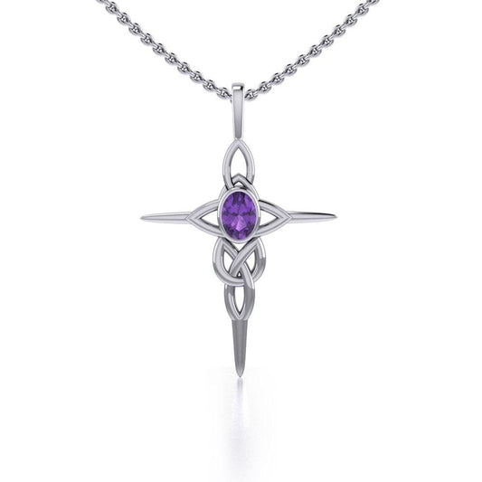 Celtic Knotwork Cross Sterling Silver Pendant with Gemstone and Chain Set TSE722
